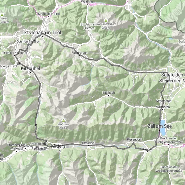Miniature de la carte de l'inspiration cycliste "Randonnée à travers les Alpes de Kitzbühel" dans la Salzburg, Austria. Générée par le planificateur d'itinéraire cycliste Tarmacs.app