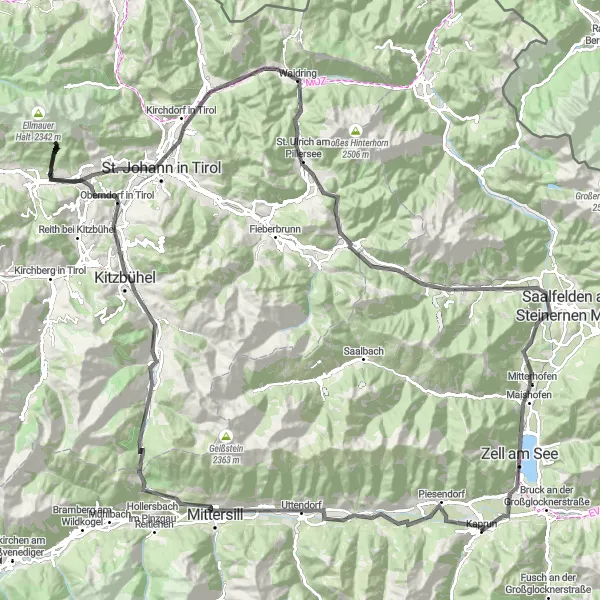 Mapa miniatúra "Epická cesta cez Kitzbühel" cyklistická inšpirácia v Salzburg, Austria. Vygenerované cyklistickým plánovačom trás Tarmacs.app