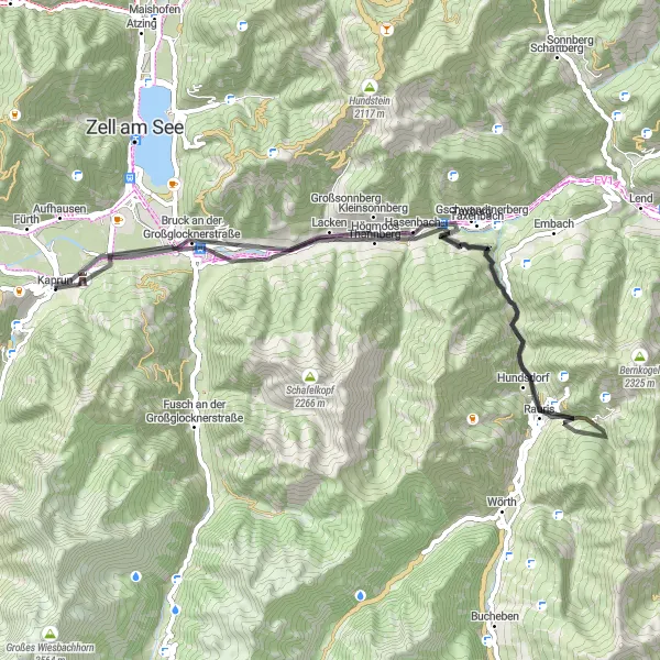 Mapa miniatúra "Kaprun - Thannberg Road Cycling Route" cyklistická inšpirácia v Salzburg, Austria. Vygenerované cyklistickým plánovačom trás Tarmacs.app