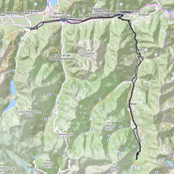 Miniaturní mapa "Kaprun - Högmoos - Bucheben - Rauris - Taxenbach - Kaprun" inspirace pro cyklisty v oblasti Salzburg, Austria. Vytvořeno pomocí plánovače tras Tarmacs.app