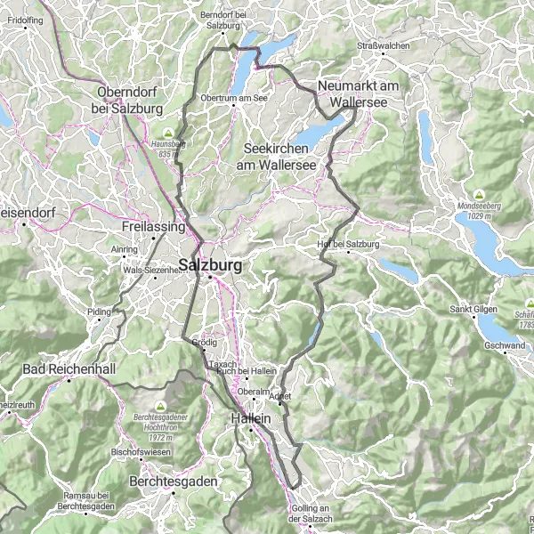 Miniature de la carte de l'inspiration cycliste "Tour des collines de Salzbourg" dans la Salzburg, Austria. Générée par le planificateur d'itinéraire cycliste Tarmacs.app