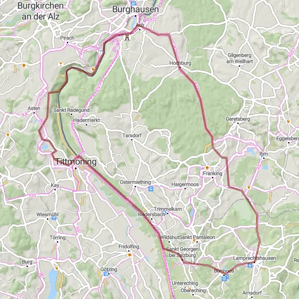 Miniatura della mappa di ispirazione al ciclismo "Giro in bicicletta tra Lamprechtshausen" nella regione di Salzburg, Austria. Generata da Tarmacs.app, pianificatore di rotte ciclistiche