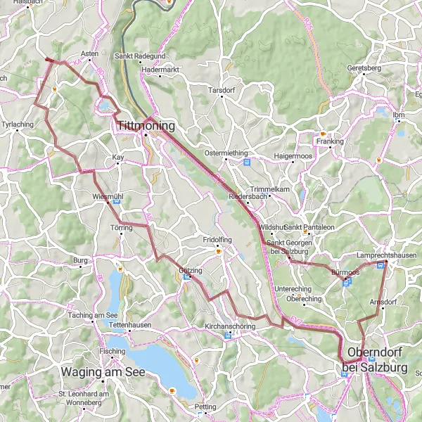 Miniatura della mappa di ispirazione al ciclismo "Giro in bicicletta sterrato avventuroso - Bürmoos loop" nella regione di Salzburg, Austria. Generata da Tarmacs.app, pianificatore di rotte ciclistiche