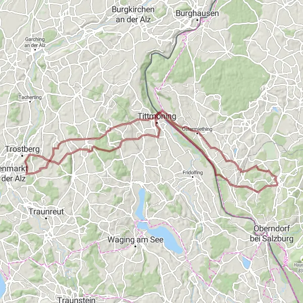 Mapa miniatúra "Gravelová cesta k jazerám" cyklistická inšpirácia v Salzburg, Austria. Vygenerované cyklistickým plánovačom trás Tarmacs.app