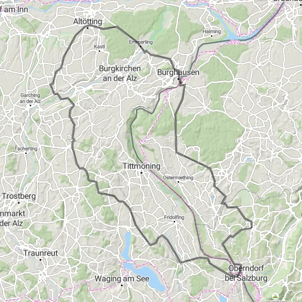 Map miniature of "Salzburg-Mattighofen Loop" cycling inspiration in Salzburg, Austria. Generated by Tarmacs.app cycling route planner