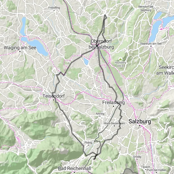 Miniatura della mappa di ispirazione al ciclismo "Giro in Bici Salisburghese-Laufen" nella regione di Salzburg, Austria. Generata da Tarmacs.app, pianificatore di rotte ciclistiche