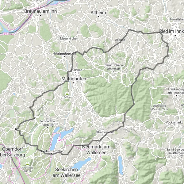 Miniatuurkaart van de fietsinspiratie "Avontuur door het Opper-Oostenrijkse landschap" in Salzburg, Austria. Gemaakt door de Tarmacs.app fietsrouteplanner