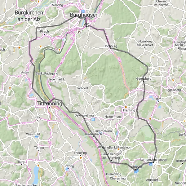 Miniatura della mappa di ispirazione al ciclismo "Giro Turistico Lamprechtshausen-Burghausen-Moorblick" nella regione di Salzburg, Austria. Generata da Tarmacs.app, pianificatore di rotte ciclistiche