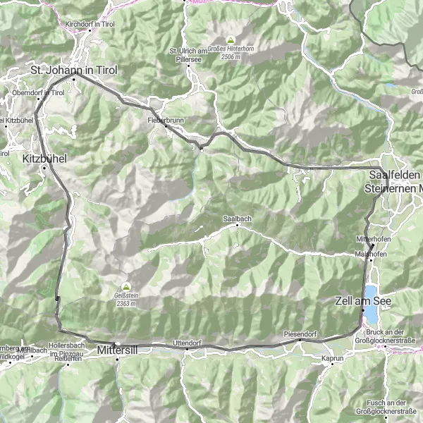 Miniatua del mapa de inspiración ciclista "Ruta en Carretera Zell am See-Piesendorf-Fieberbrunn" en Salzburg, Austria. Generado por Tarmacs.app planificador de rutas ciclistas