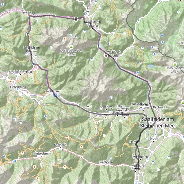 Miniatua del mapa de inspiración ciclista "Ruta de ciclismo de carretera alrededor de Maishofen" en Salzburg, Austria. Generado por Tarmacs.app planificador de rutas ciclistas