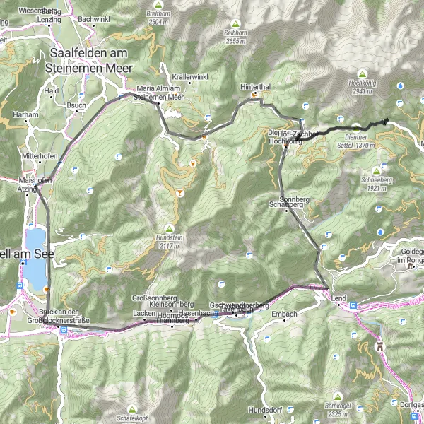 Miniaturní mapa "Silniční trasa s výhledy kolem Maishofenu" inspirace pro cyklisty v oblasti Salzburg, Austria. Vytvořeno pomocí plánovače tras Tarmacs.app