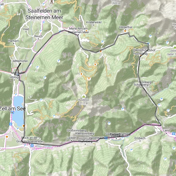 Miniatura della mappa di ispirazione al ciclismo "Giro in bici da Maishofen al Zeller See" nella regione di Salzburg, Austria. Generata da Tarmacs.app, pianificatore di rotte ciclistiche