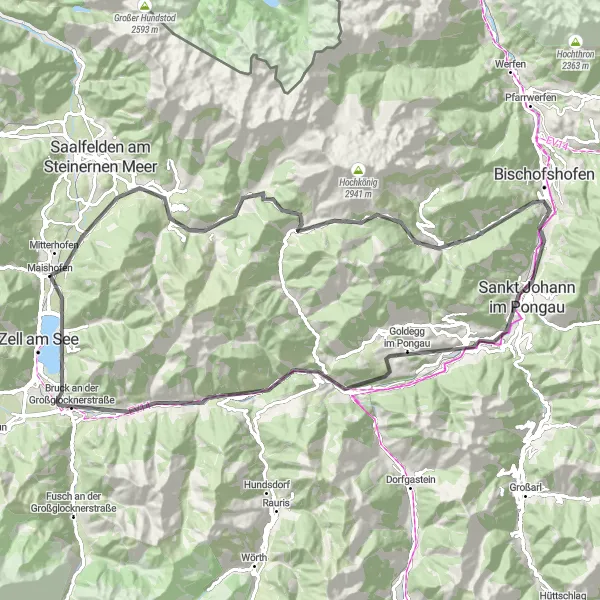 Mapa miniatúra "Cyklistická okružná trasa cez Hochkönig" cyklistická inšpirácia v Salzburg, Austria. Vygenerované cyklistickým plánovačom trás Tarmacs.app