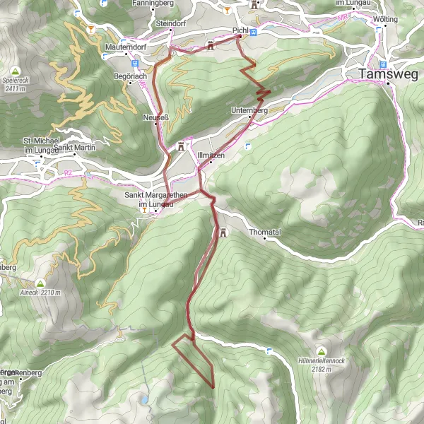 Map miniature of "Mariapfarr - Kojetsattel - Edenvest - Leonhardkogel - Sankt Margarethen im Lungau - Ruine des Ansitzes Gröbendorf" cycling inspiration in Salzburg, Austria. Generated by Tarmacs.app cycling route planner