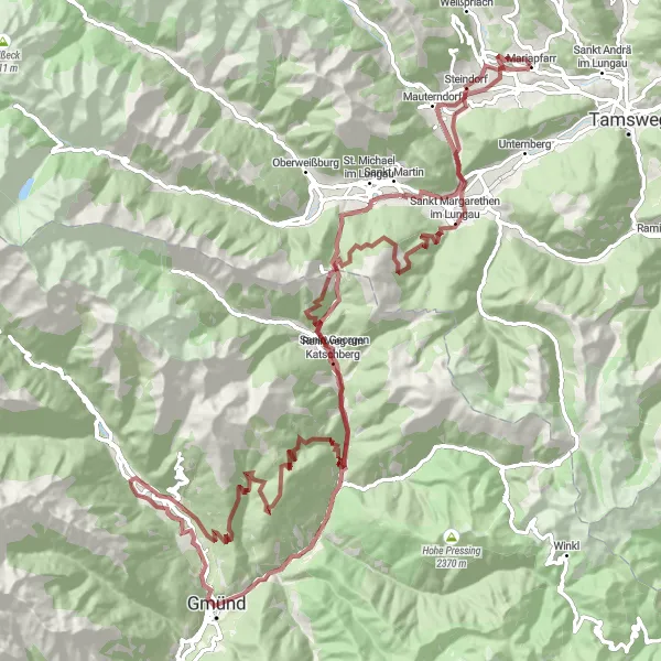 Karttaminiaatyyri "Mountain Majesty Gravel Expedition" pyöräilyinspiraatiosta alueella Salzburg, Austria. Luotu Tarmacs.app pyöräilyreittisuunnittelijalla