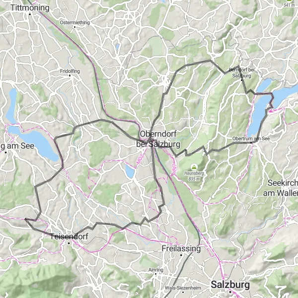 Miniatua del mapa de inspiración ciclista "Ruta panorámica por Laufen, Oberndorf y más" en Salzburg, Austria. Generado por Tarmacs.app planificador de rutas ciclistas