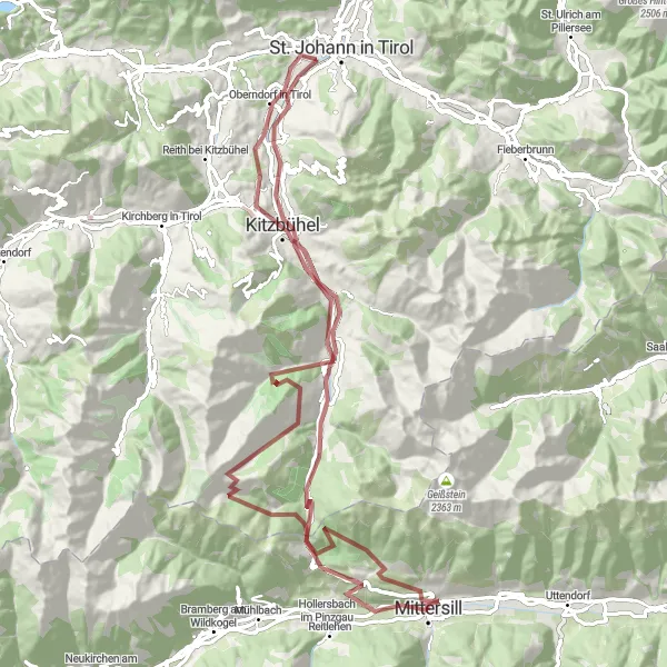Karten-Miniaturansicht der Radinspiration "Abenteuerliche Gravel-Tour um Kitzbühel" in Salzburg, Austria. Erstellt vom Tarmacs.app-Routenplaner für Radtouren
