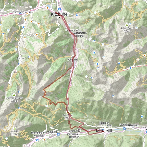 Mapa miniatúra "Gravelová výzva Paßthurn - Schlössl Einödberg" cyklistická inšpirácia v Salzburg, Austria. Vygenerované cyklistickým plánovačom trás Tarmacs.app
