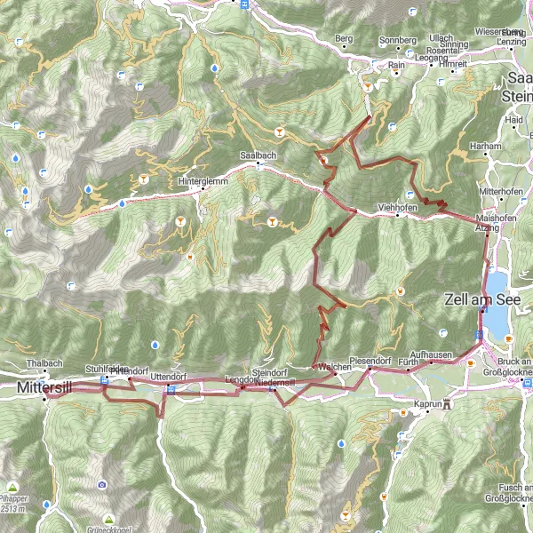 Mapa miniatúra "Gravelová trasa cez Zell am See a Piesendorf" cyklistická inšpirácia v Salzburg, Austria. Vygenerované cyklistickým plánovačom trás Tarmacs.app