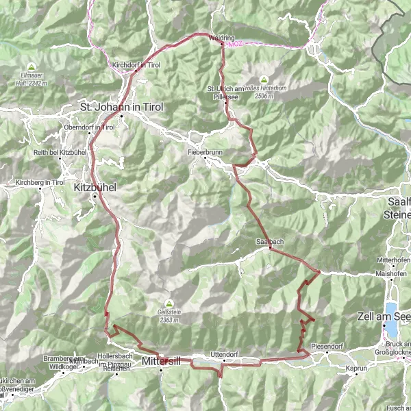 Miniatua del mapa de inspiración ciclista "Ruta de ciclismo de grava alrededor de Mittersill" en Salzburg, Austria. Generado por Tarmacs.app planificador de rutas ciclistas