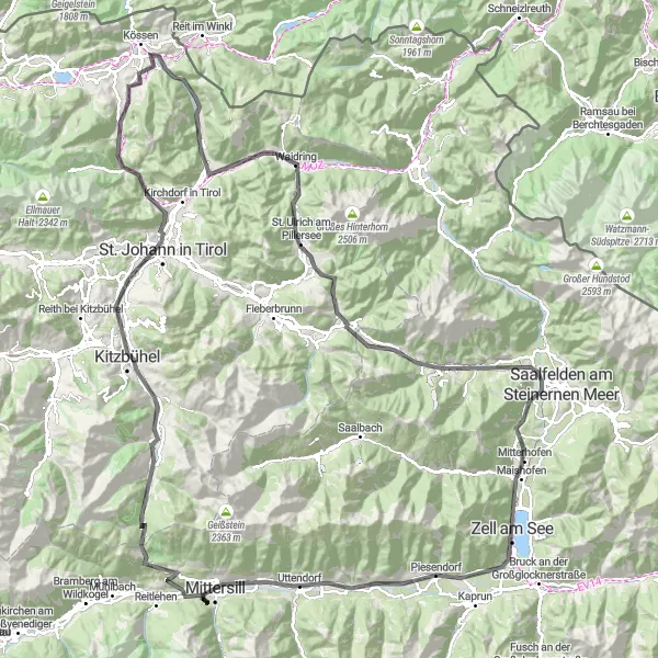 Miniaturekort af cykelinspirationen "Landevejscykelrute på 154 km i nærheden af Mittersill" i Salzburg, Austria. Genereret af Tarmacs.app cykelruteplanlægger