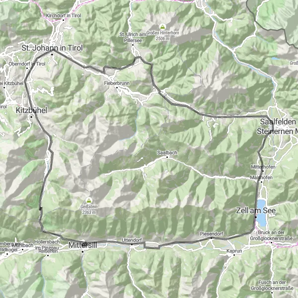 Miniatua del mapa de inspiración ciclista "Ruta de Ciclismo de Carretera a Kitzbühel" en Salzburg, Austria. Generado por Tarmacs.app planificador de rutas ciclistas