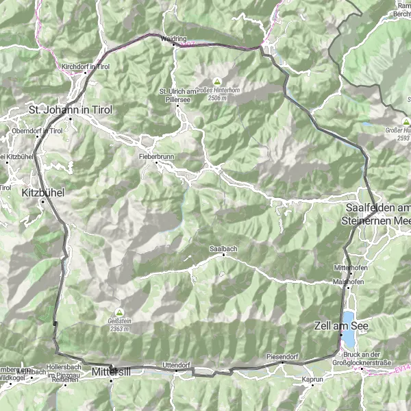 Zemljevid v pomanjšavi "Kolesarska pot Pass Thurn Challenge" kolesarske inspiracije v Salzburg, Austria. Generirano z načrtovalcem kolesarskih poti Tarmacs.app
