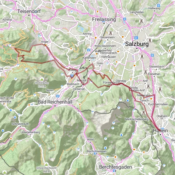 Miniatura della mappa di ispirazione al ciclismo "Salisburghese selvaggio: avventura su strade sterrate" nella regione di Salzburg, Austria. Generata da Tarmacs.app, pianificatore di rotte ciclistiche