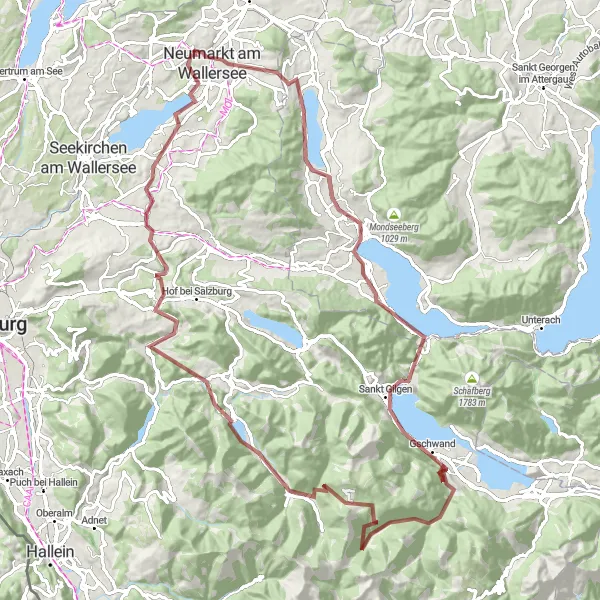 Miniatura della mappa di ispirazione al ciclismo "Esplorazione in bici tra Neumarkt am Wallersee e Sankt Gilgen" nella regione di Salzburg, Austria. Generata da Tarmacs.app, pianificatore di rotte ciclistiche