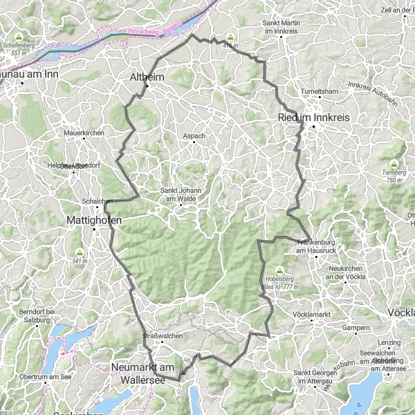Miniatua del mapa de inspiración ciclista "Ruta en carretera alrededor de Neumarkt am Wallersee" en Salzburg, Austria. Generado por Tarmacs.app planificador de rutas ciclistas