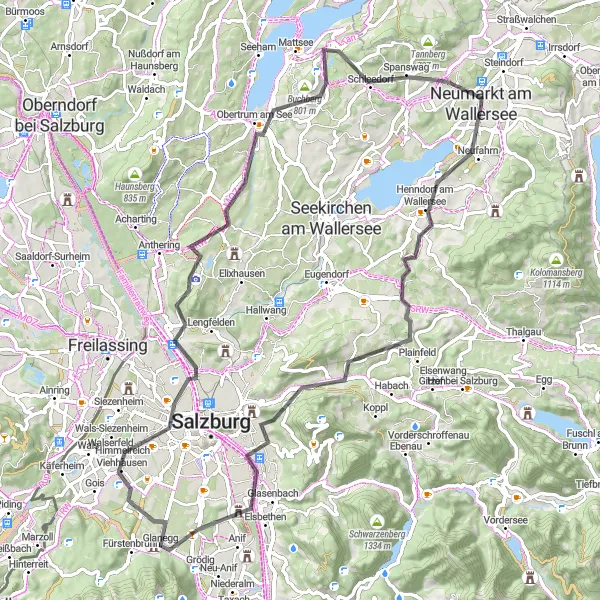 Map miniature of "Wallersee Road Cycling Expedition" cycling inspiration in Salzburg, Austria. Generated by Tarmacs.app cycling route planner