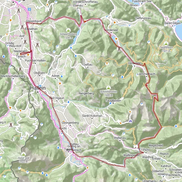 Miniatura della mappa di ispirazione al ciclismo "Avventura in bicicletta verso la Gurlspitze e la Hallein" nella regione di Salzburg, Austria. Generata da Tarmacs.app, pianificatore di rotte ciclistiche