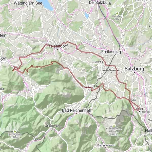 Karttaminiaatyyri "Vaihteleva pyöräretki Grödign maaseutumaisemista Berchtesgadenin maisemiin" pyöräilyinspiraatiosta alueella Salzburg, Austria. Luotu Tarmacs.app pyöräilyreittisuunnittelijalla