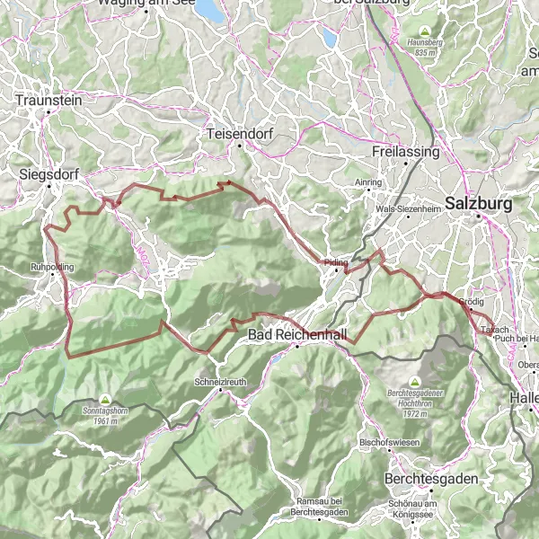 Map miniature of "Ruhpolding and Oberunterberg Gravel Bike Route" cycling inspiration in Salzburg, Austria. Generated by Tarmacs.app cycling route planner