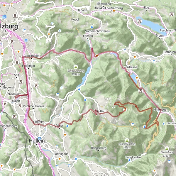 Map miniature of "Gravel Adventure through Niederalm" cycling inspiration in Salzburg, Austria. Generated by Tarmacs.app cycling route planner