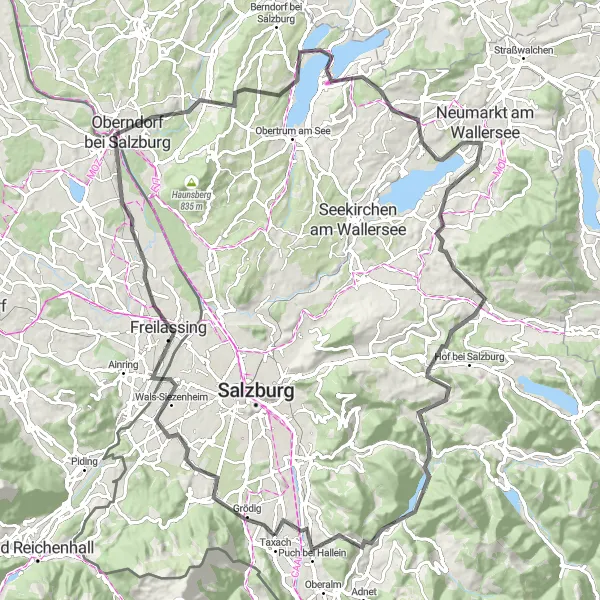 Karttaminiaatyyri "Salzburger Schlossrunde" pyöräilyinspiraatiosta alueella Salzburg, Austria. Luotu Tarmacs.app pyöräilyreittisuunnittelijalla