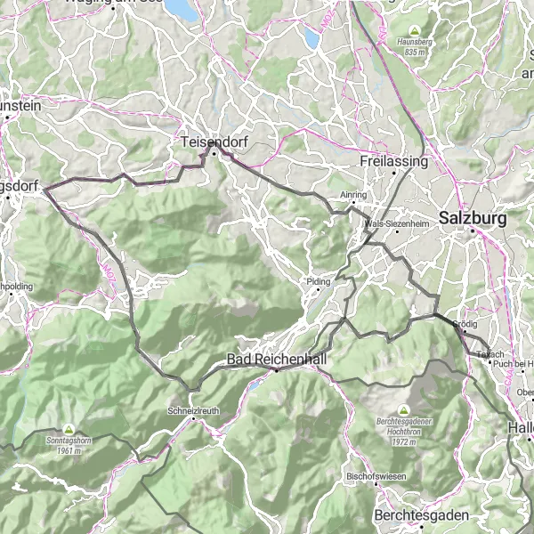 Karttaminiaatyyri "Alppien ympäri - Großgmainberg Road Cycling Tour" pyöräilyinspiraatiosta alueella Salzburg, Austria. Luotu Tarmacs.app pyöräilyreittisuunnittelijalla