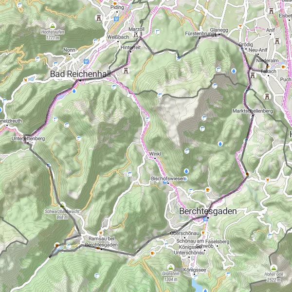 Miniatura della mappa di ispirazione al ciclismo "Giro in bicicletta verso Marktschellenberg e Ramsau bei Berchtesgaden" nella regione di Salzburg, Austria. Generata da Tarmacs.app, pianificatore di rotte ciclistiche