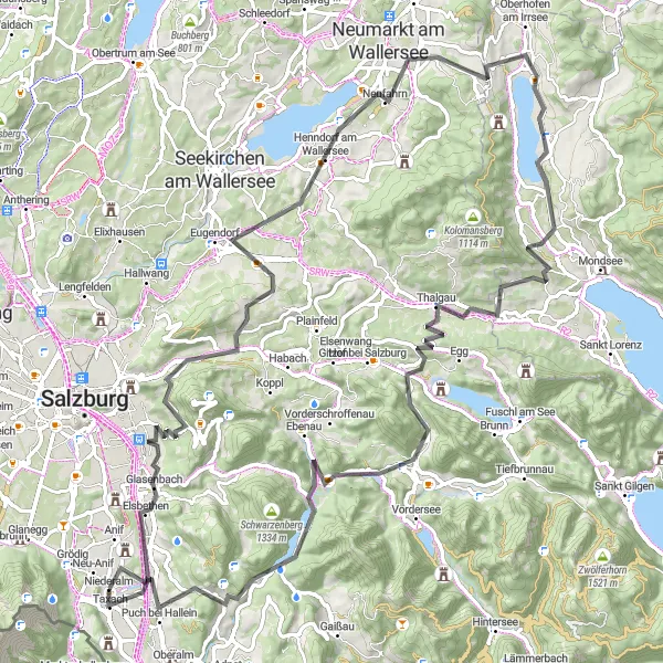 Miniatua del mapa de inspiración ciclista "Ruta de Carretera Elsbethen - Eberstein" en Salzburg, Austria. Generado por Tarmacs.app planificador de rutas ciclistas