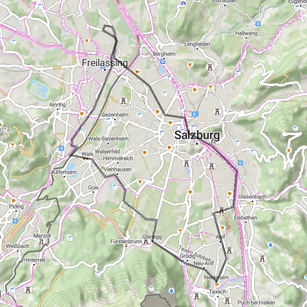 Mapa miniatúra "Salzburg Freilassing loop" cyklistická inšpirácia v Salzburg, Austria. Vygenerované cyklistickým plánovačom trás Tarmacs.app