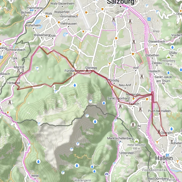 Miniaturní mapa "Gravel Road to Oberalm" inspirace pro cyklisty v oblasti Salzburg, Austria. Vytvořeno pomocí plánovače tras Tarmacs.app