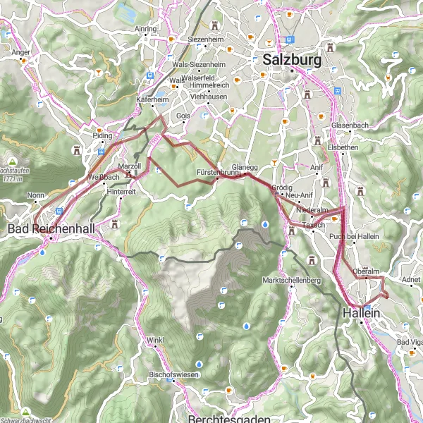 Miniaturní mapa "Bad Reichenhall a okolí na gravelové trase" inspirace pro cyklisty v oblasti Salzburg, Austria. Vytvořeno pomocí plánovače tras Tarmacs.app