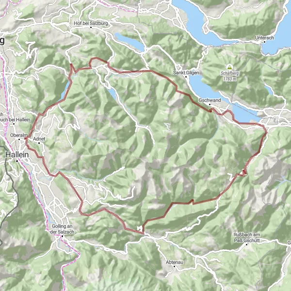 Zemljevid v pomanjšavi "Gorska gravel avantura" kolesarske inspiracije v Salzburg, Austria. Generirano z načrtovalcem kolesarskih poti Tarmacs.app