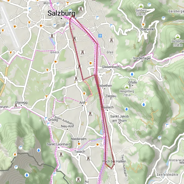 Miniature de la carte de l'inspiration cycliste "Parcours à travers les collines de Salzbourg" dans la Salzburg, Austria. Générée par le planificateur d'itinéraire cycliste Tarmacs.app