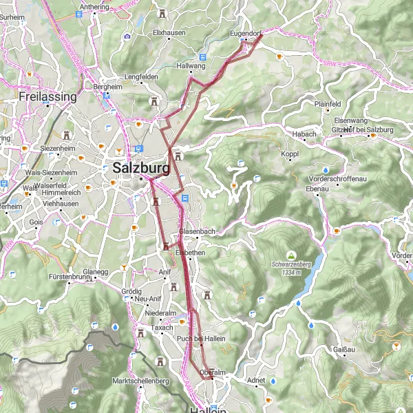 Miniaturní mapa "Gravelová stezka Salzburg a okolí" inspirace pro cyklisty v oblasti Salzburg, Austria. Vytvořeno pomocí plánovače tras Tarmacs.app