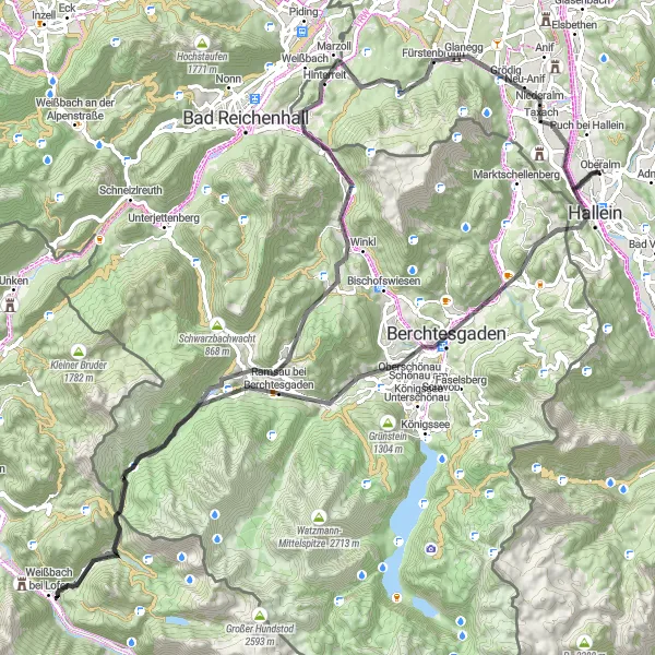 Miniatura della mappa di ispirazione al ciclismo "Tour stradale attraverso Kiliansberg e Berchtesgaden" nella regione di Salzburg, Austria. Generata da Tarmacs.app, pianificatore di rotte ciclistiche