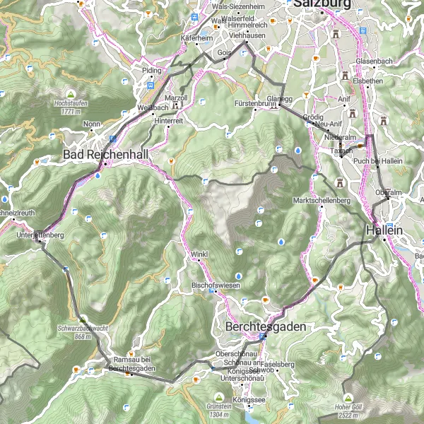 Miniatua del mapa de inspiración ciclista "Tour del Bosque de Berchtesgaden" en Salzburg, Austria. Generado por Tarmacs.app planificador de rutas ciclistas