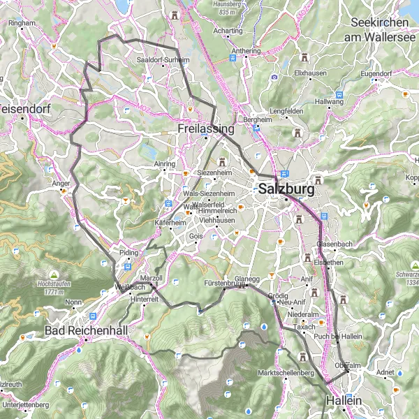 Kartminiatyr av "Hallein Scenic Route" sykkelinspirasjon i Salzburg, Austria. Generert av Tarmacs.app sykkelrutoplanlegger