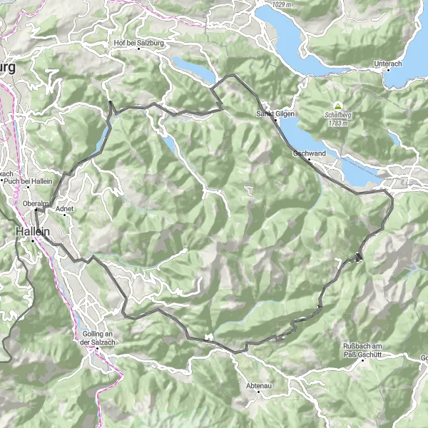 Mapa miniatúra "Oberalm - Faistenau - Fuschl am See - Hallein" cyklistická inšpirácia v Salzburg, Austria. Vygenerované cyklistickým plánovačom trás Tarmacs.app