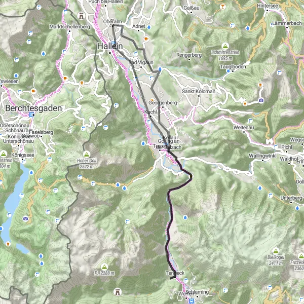 Miniatua del mapa de inspiración ciclista "Recorrido en Carretera por Feuergsengkopfl y Hallein" en Salzburg, Austria. Generado por Tarmacs.app planificador de rutas ciclistas